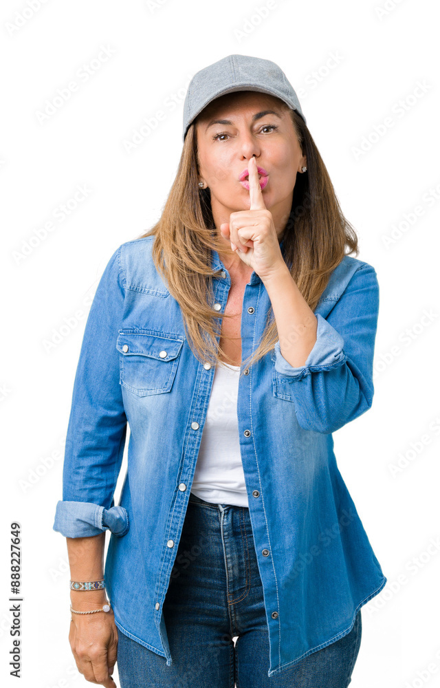 Wall mural beautiful middle age woman wearing sport cap over isolated background asking to be quiet with finger