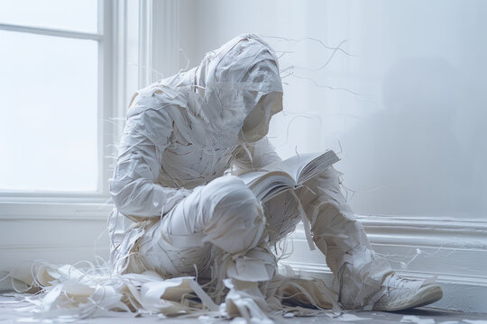 A surreal depiction of a person with their limbs turning into unturned pages, set against a plain white background,