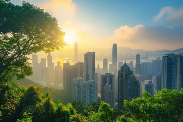 Fototapeta premium Urban Oasis of Sustainability: A Bustling Cityscape Embracing Eco-Friendly Initiatives, Green Living Practices, and Sustainable Urban Development for a Vibrant Future