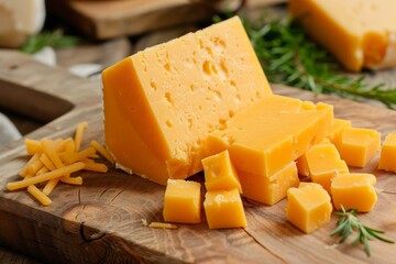 Wooden cutting board with cheddar cheese
