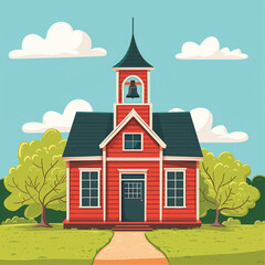 Fototapeta premium A charming red country schoolhouse with a distinctive bell tower, set against a backdrop of lush green trees and a clear blue sky, representing a picturesque rural education setting