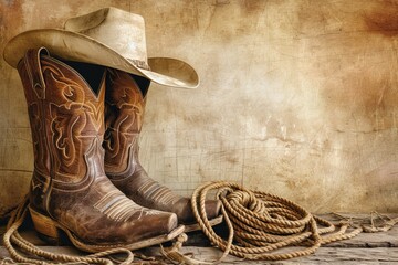 Worn out vintage cowboy attire on old fashioned backdrop