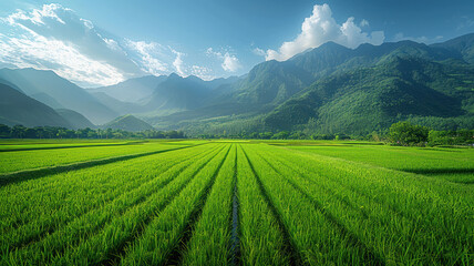Lush green rice fields with distant mountain range
