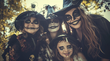 a family dressed up in costume for Halloween, parent and child in the park 
