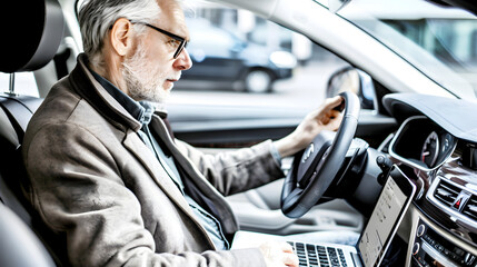 Senior man using a laptop in a car, focusing on work
