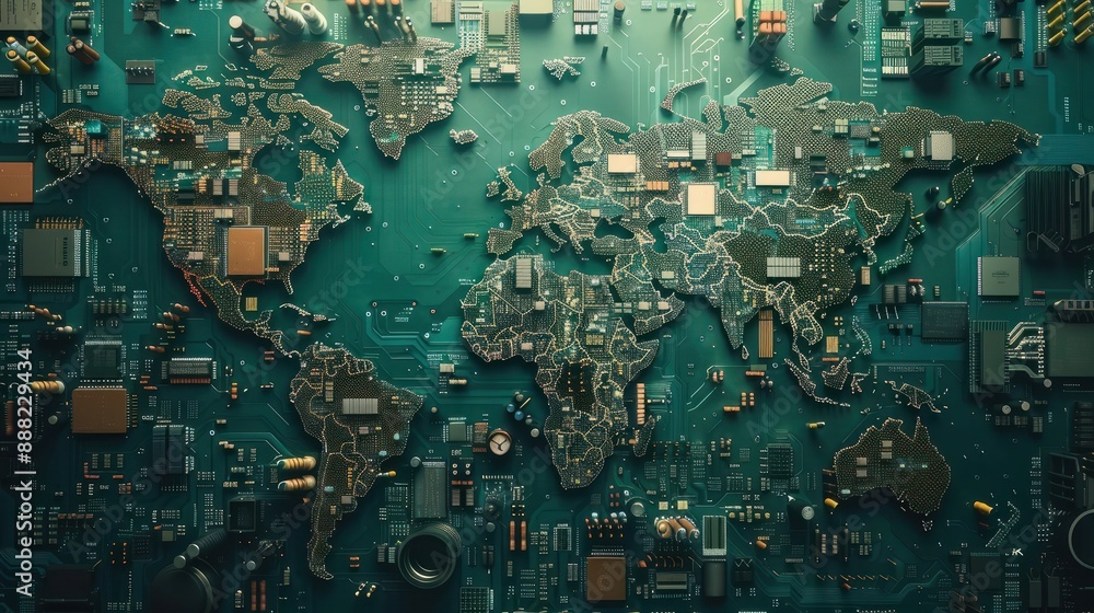 Poster global map made of electronic circuit board components symbolizing world trade and global electronic