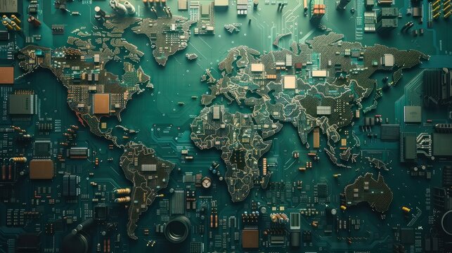 Global map made of electronic circuit board components symbolizing world trade and global electronics market