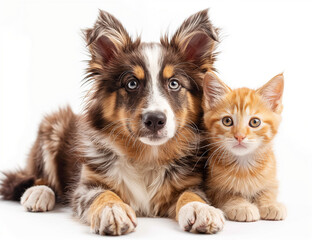 American Shepherd dog and orange tabby kitten sitting together on a white background, showcasing their clean fur and bright eyes