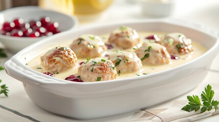 Swedish meatballs with creamy gravy, lingonberry sauce on the side, elegant white porcelain, minimalist Scandinavian kitchen interior