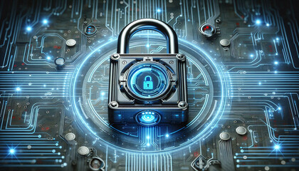 Securing the Digital Realm: Metallic Padlock on Circuit Board