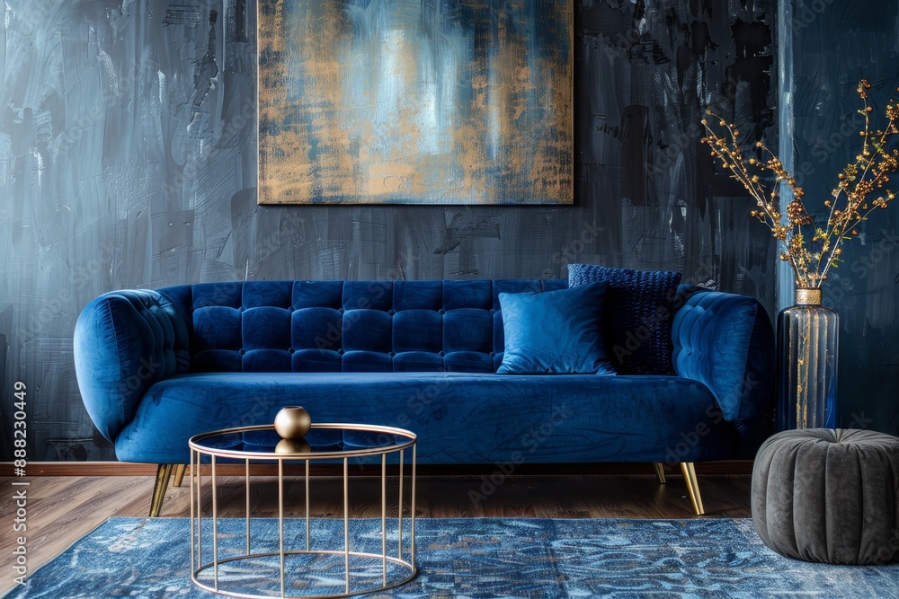 Wall mural chic living room with blue velvet sofa gold table pouf pillows and elegant decor dark wallpaper temp