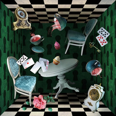 The wonderland room. Flying furniture, playing cards, cups, watches, keys and more on the background of green walls and a chess floor.   Mad Tea party. Colorful background for photo shoots and parties