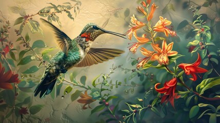 Hummingbird collecting nectar from flowers