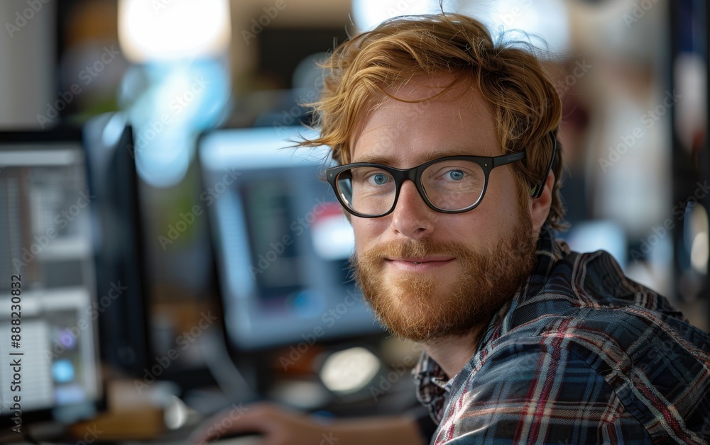 Poster a young man with red hair and a beard smiles at the camera while working at a desk with a computer