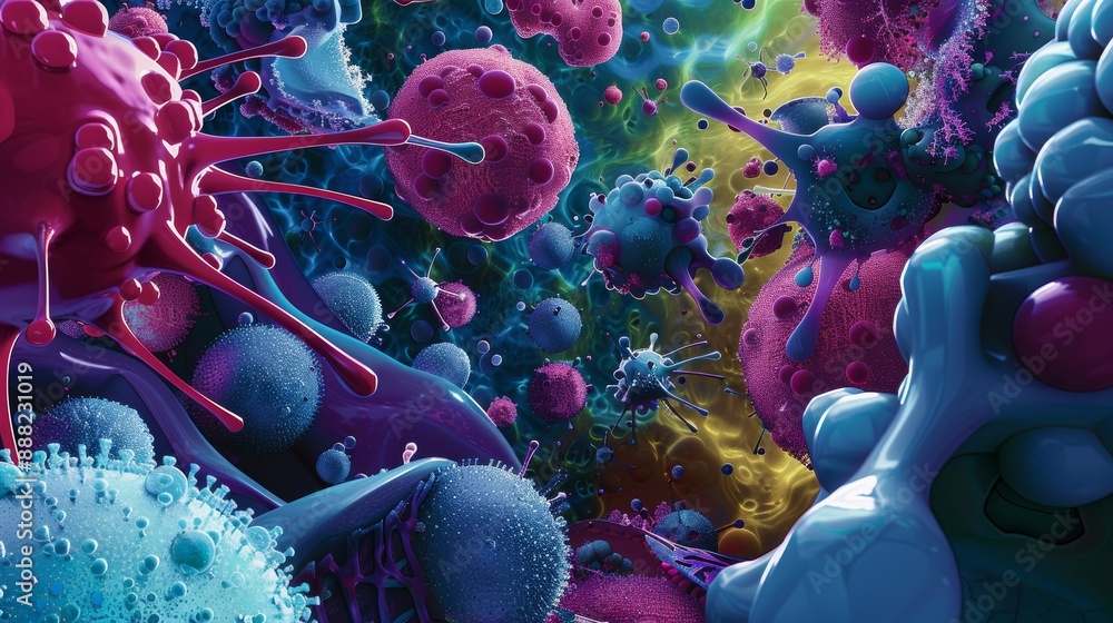 Poster abstract interpretation of leukocytes in immune system with surreal shapes and colors, ideal for sci
