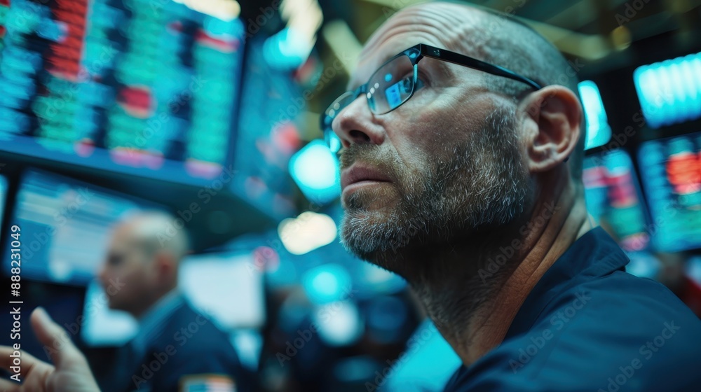 Poster a stock exchange analyst intensely monitoring data on multiple screens in a tech-heavy environment, 
