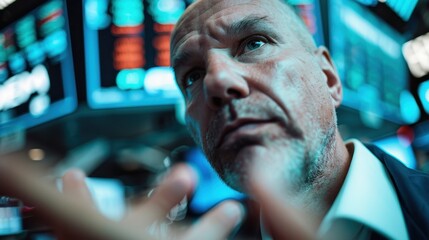 A tech professional focused on his work with multiple data screens in the background, representing the high-energy and fast-paced environment of a tech-driven workplace.