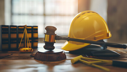 Judge's hammer and helmet Law and Justice about labor law concept Construction law.
