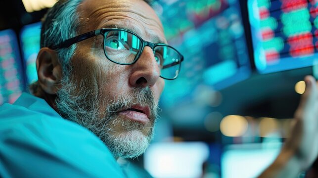 A stock trader is seen analyzing market trends with various graphs and data visualizations displayed on multiple screens as he works in a trading room.