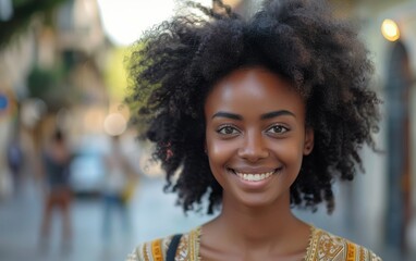 A young woman with curly hair smiles at the camera, standing on a city street