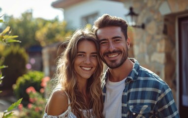 Fototapeta premium A happy couple smiles for the camera outside their home on a sunny day