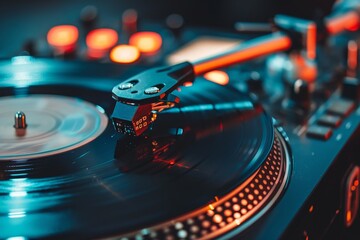 Close up of professional DJ turntable playing vinyl record at hip hop party