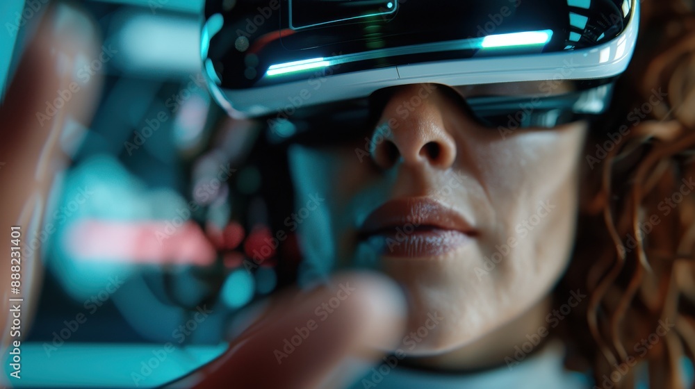 Poster a top-down shot of a person using a virtual reality headset and interacting with digital interfaces,