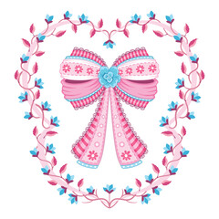 Pink, elegant, elaborate bow with gingham and lace details in coquette style surrounded by floral vines. Preppy elegant vector illustration.