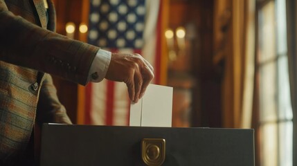 Fototapeta premium Male hand in elegant suit putting voting card into the ballot box, Presidential election 2024 in United States of America. USA flag background.