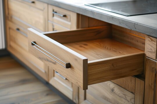 Emptied drawer in bright kitchen