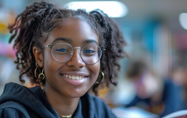 Obraz premium A young woman with dreadlocks smiles brightly while wearing glasses and sitting in a library