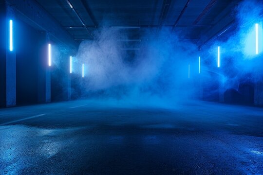 Empty dark street with neon lights and spotlights smoke floating in studio room night time view