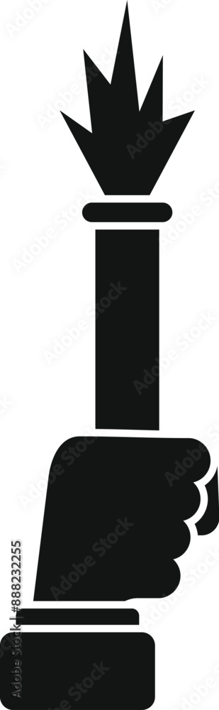 Poster hand holding burning torch icon in simple style isolated on white background