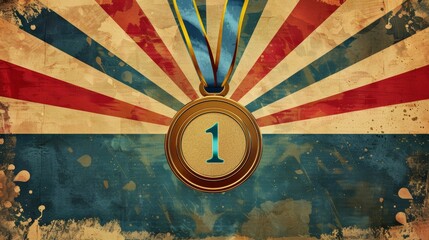Retro Vintage First Place Medal Banner with Colorful Light Rays - Design for Print, Card, Poster
