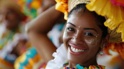 Dressed in traditional attire, a smiling woman enjoys a lively festival. Her detailed costume and cheerful disposition enrich the vibrant background of the festive event.