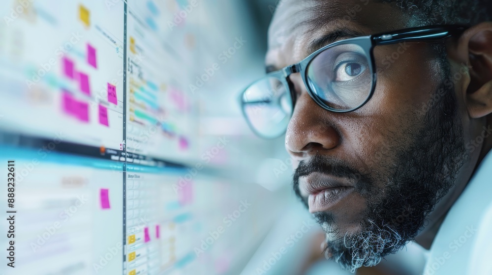 Poster scientist intensely analyzing data on multiple computer displays, depicting dedication, technologica