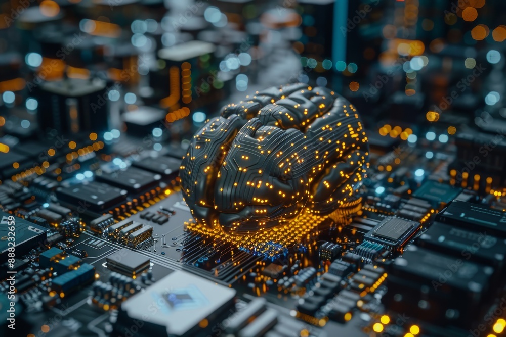Poster futuristic digital art of a glowing brain on a circuit board, symbolizing artificial intelligence an