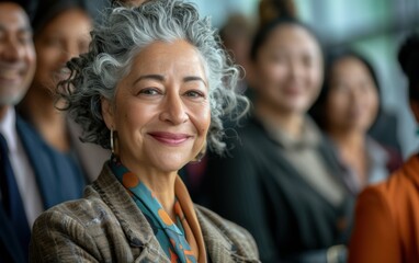 Fototapeta premium A woman with grey, curly hair smiles at the camera, standing in a crowd of people