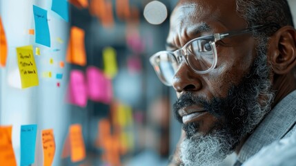 A focused scientist planning their project using colorful sticky notes on a board, demonstrating creativity, organization, and the meticulous aspects of research planning.