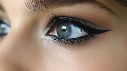 Obraz premium Midnight Mystery: Smoky black shadows, deep navy blues, and hints of silver create a dramatic eye makeup, ideal for an elegant evening gala or a mysterious masquerade ball.