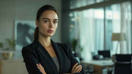 Fototapeta premium Portrait of successful business woman inside office, standing with arms crossed