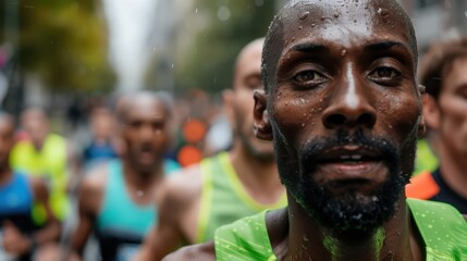 A close-up of a runner participating in a marathon, showing a determined and focused expression, with other runners blurred in the background in an urban setting.