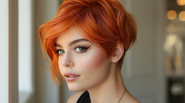 Fiery Pixie Cut: A bold, fiery red pixie cut with edgy, choppy layers, perfect for an avant-garde art exhibition or a trendy downtown cafe, making a daring and stylish statement
