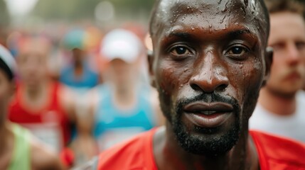 A sweat-drenched runner in a red shirt, showing signs of physical exertion and determination, participates in a marathon with intent focus, surrounded by other racers.