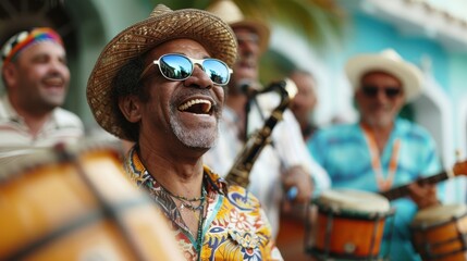 A joyful group of musicians play instruments on a vibrant street, with a focal figure smiling and wearing a colorful shirt and hat, creating a festive atmosphere.