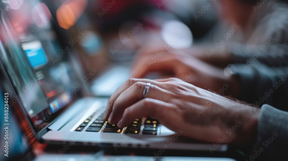 Poster a close-up view of hands typing on a laptop, signifying intense activity and engagement with technol