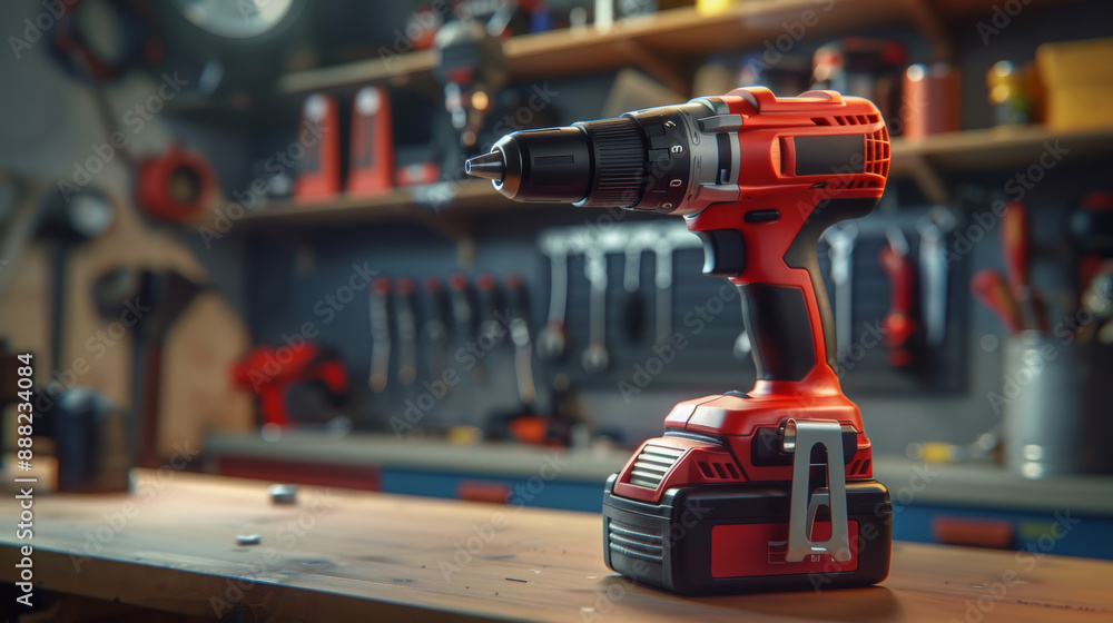 Poster cordless electric drill with battery pack in workshop setting for diy projects and tool enthusiasts