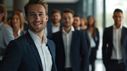 sexy young businessman smiling and taking a step forward in front of the team