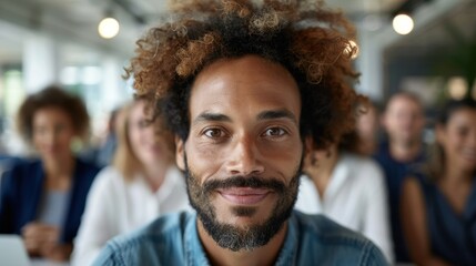 Obraz premium Close-up of a man with a beard and curly hair, smiling warmly in an office setting, symbolizing warmth, confidence, and a positive atmosphere with colleagues interacting.