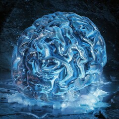 Obraz premium Cryonics and the Pursuit of Eternal Life: A Detailed Illustration of a Frozen Brain Encased in Ice for Future Revival